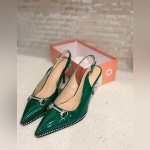 Elegant Emerald Green Studded Slingback Heels ~7.5